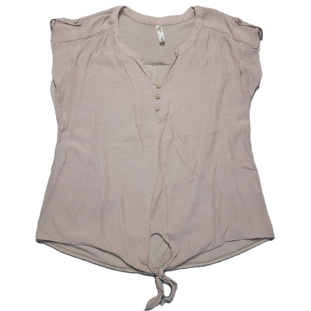 Perception Concept Blouse Womens XL Short Sleeve V Neck Tie Front Stretch Biege